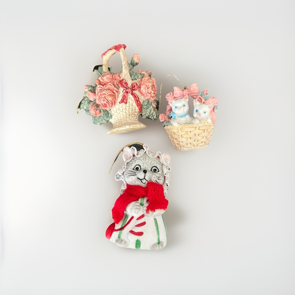 Vintage Christmas Ornaments Figurines Detailed Animal and Flowers- 3 Total